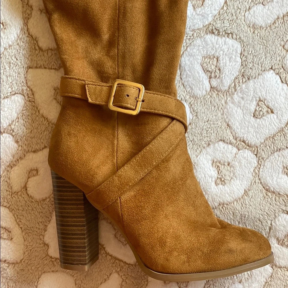 Women's Tall Tan Faux Suede Stacked Heel Boots